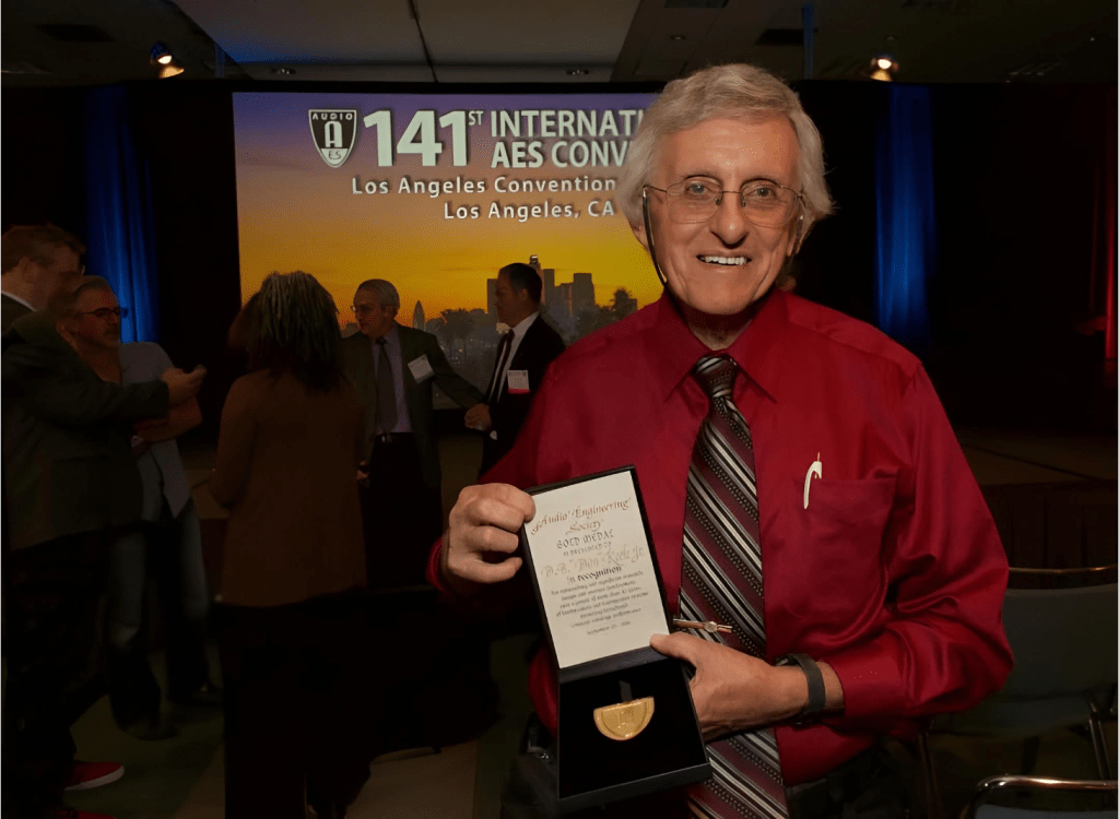 A Great picture of D.B. (Don) Keele, Jr. right after winning the Audio Engineering Society Gold Medal at the 141st International AES Convention in Los Angeles, CA