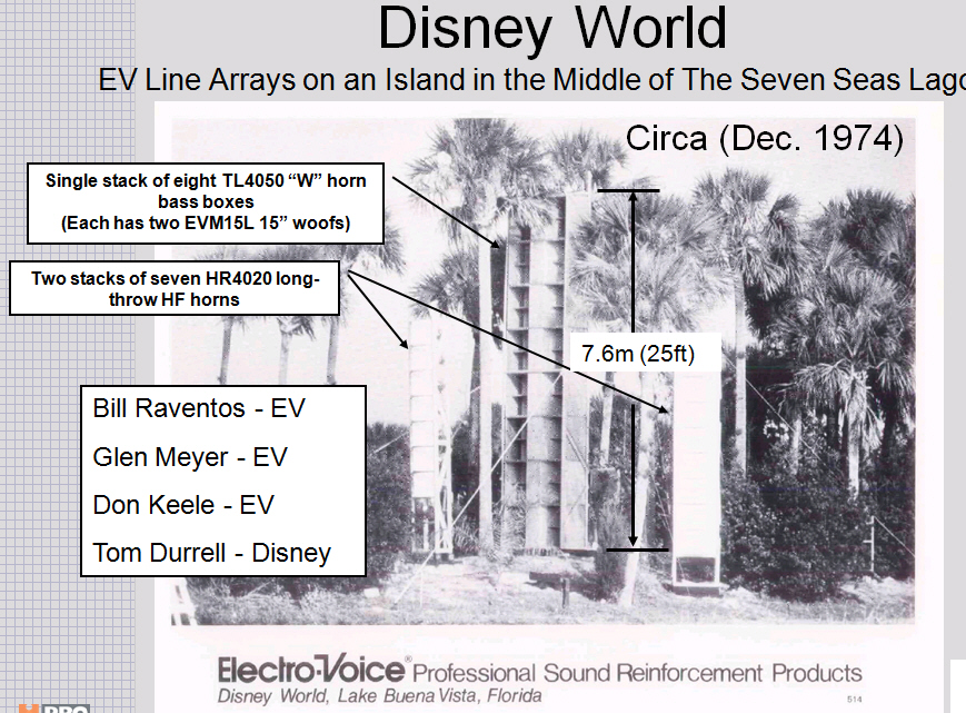 A slideshow slide featuring the 1970s installation of an Electrovoice improvised line array using their "white" horns HR4020 and TL4050 bass horns. Bill Raventos, Glen meyer, Don Keele (all three from EV) and Tom Durrell from Disney worked on the project.