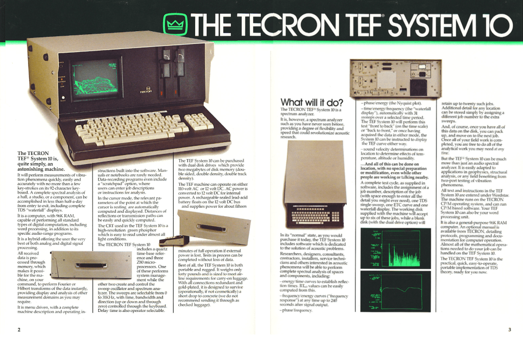 A vintage TECRON TEF System 10 spectrum analyzer featuring a monitor displaying waveforms and a computer keyboard. This was the sytem programmed by D, B. (Don) Keele, Jr. in the mid 1980s while working for Crown, Int. (Techron)